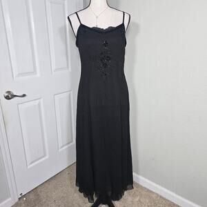 VTG Black Silk Beaded Maxi Dress  S Formal Evening Cocktail Elegant Prom Wedding
